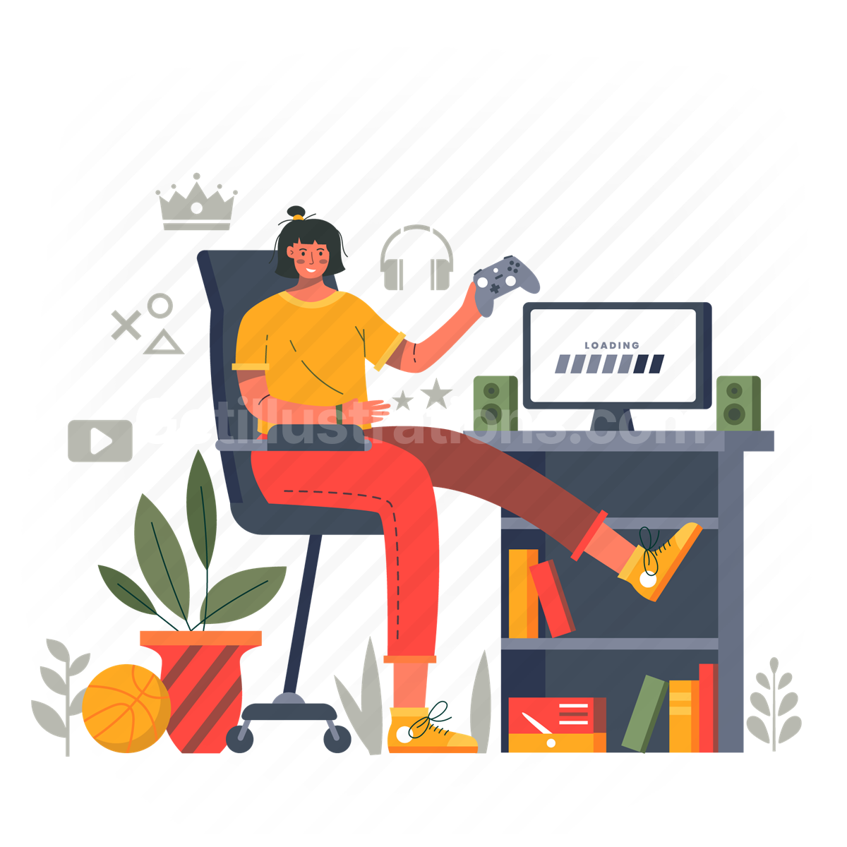 video game, computer, gaming, controller, furniture, headphone, woman, people, monitor